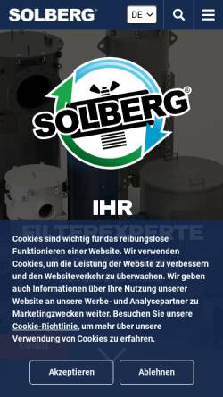 Vorschau der mobilen Webseite www.solberg-filter.de, Solberg International GmbH