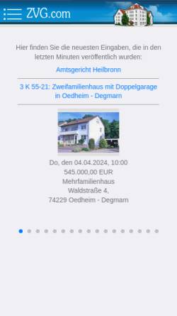 Vorschau der mobilen Webseite www.zvg.com, Zwangsversteigerungen deutscher und österreichischer Gerichte