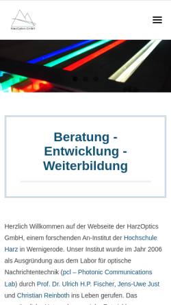 Vorschau der mobilen Webseite www.harzoptics.de, HarzOptics GmbH - Optik & Photonik