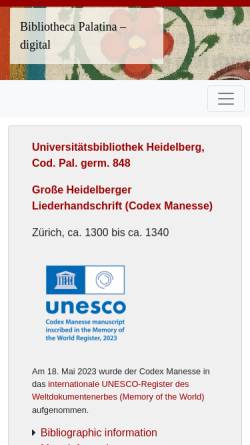 Vorschau der mobilen Webseite digi.ub.uni-heidelberg.de, Grosse Heidelberger Liederhandschrift (Codex Manesse)