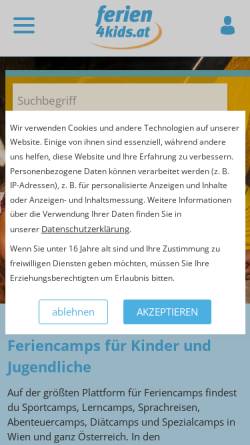 Vorschau der mobilen Webseite www.ferien4kids.at, Feriencamps in Österreich