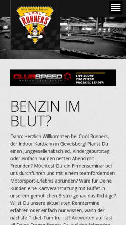 Vorschau der mobilen Webseite www.coolrunners.de, Indoor Kartbahn CoolRunners Gevelsberg