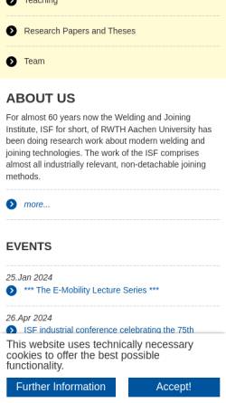 Vorschau der mobilen Webseite www.isf.rwth-aachen.de, Institut für Schweißtechnik und Fügetechnik (ISF) der RWTH Aachen