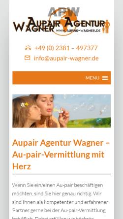 Vorschau der mobilen Webseite www.aupair-wagner.de, Au-pair Agentur Wagner