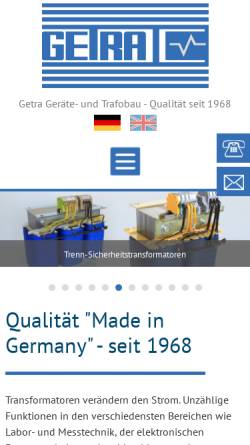 Vorschau der mobilen Webseite www.getra.de, GETRA Geräte und Transformatorenbau GmbH