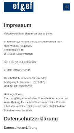 Vorschau der mobilen Webseite www.ef-ef.de, Ef & ef Software- und Beratungsgesellschaft mbH