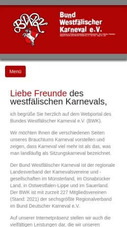 Vorschau der mobilen Webseite www.bwk-online.de, Bund Westfälischer Karneval e.V. (BWK)