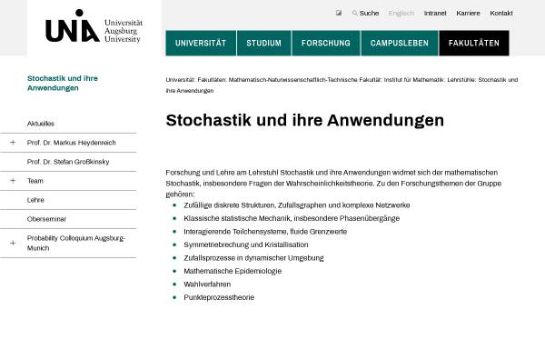 Vorschau von www.math.uni-augsburg.de, Lehrstuhl für Stochastik und ihre Anwendungen an der Universität Augsburg