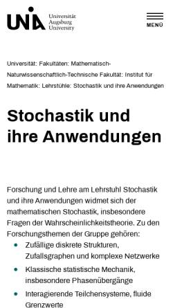 Vorschau der mobilen Webseite www.math.uni-augsburg.de, Lehrstuhl für Stochastik und ihre Anwendungen an der Universität Augsburg