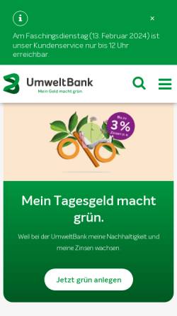 Vorschau der mobilen Webseite www.umweltbank.de, UmweltBank AG
