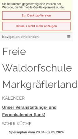 Vorschau der mobilen Webseite www.waldorf-muellheim.de, Freie Waldorfschule Markgräflerland