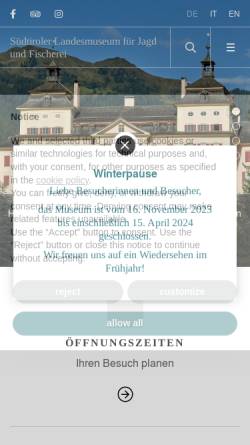 Vorschau der mobilen Webseite www.wolfsthurn.it, Mareit, Museum für Jagd und Fischerei - Schloß Wolfsthurn