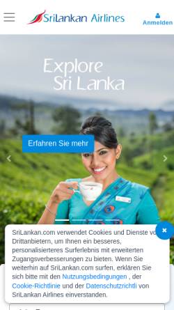 Vorschau der mobilen Webseite www.srilankan.com, SriLankan Airlines