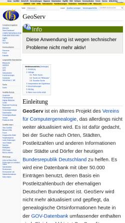 Vorschau der mobilen Webseite wiki-de.genealogy.net, GeoServ Ortsdatenbank