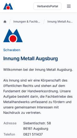 Vorschau der mobilen Webseite www.innung-metall.de, Innung Metall Augsburg