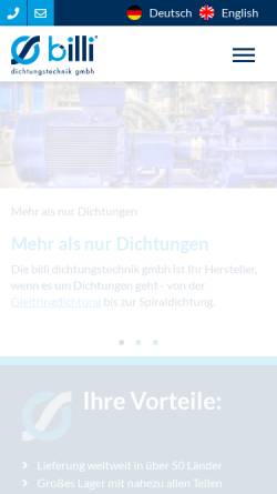Vorschau der mobilen Webseite www.billi-seals.de, Billi Dichtungstechnik GmbH