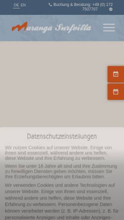 Vorschau der mobilen Webseite www.maranga.de, Maranga Surfreisen