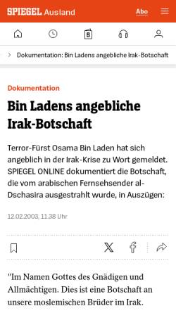 Vorschau der mobilen Webseite www.spiegel.de, Spiegel online: Bin Ladens angebliche Irak-Botschaft