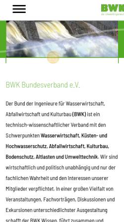 Vorschau der mobilen Webseite bwk-bund.de, BWK Bundesverband der Ingenieure für Wasserwirtschaft, Abfallwirtschaft und Kulturbau e.V.
