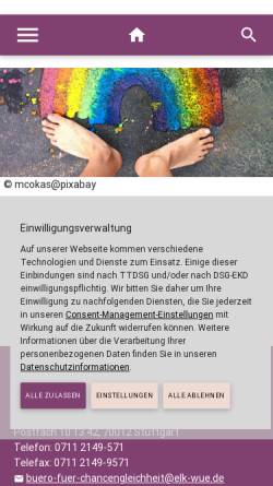 Vorschau der mobilen Webseite www.buero-fuer-chancengleichheit.elk-wue.de, Die Beauftragte für Chancengleichheit in der Evangelischen Landeskirche in Württemberg