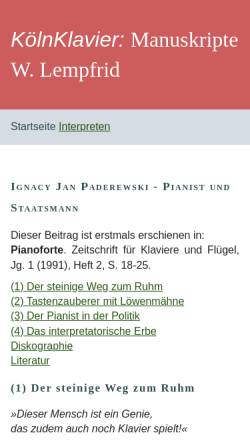 Vorschau der mobilen Webseite www.koelnklavier.de, I. J. Paderewski