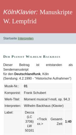 Vorschau der mobilen Webseite www.koelnklavier.de, Der Pianist Wilhelm Backhaus