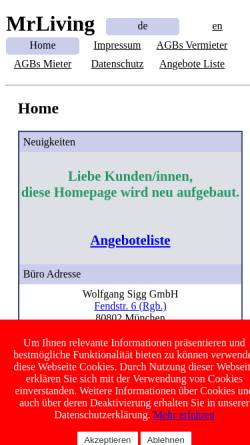 Vorschau der mobilen Webseite mrliving.de, Mitwohnzentrale / MrLiving / Wolfgang Sigg GmbH