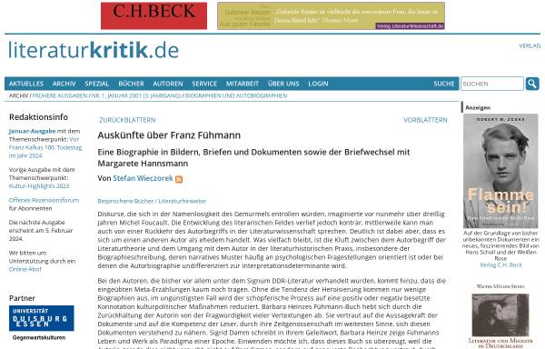 Vorschau von www.literaturkritik.de, Auskünfte über Franz Fühmann