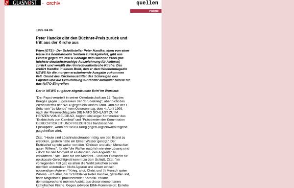 Vorschau von www.glasnost.de, Peter Handke gibt den Büchner-Preis zurück und tritt aus der Kirche aus
