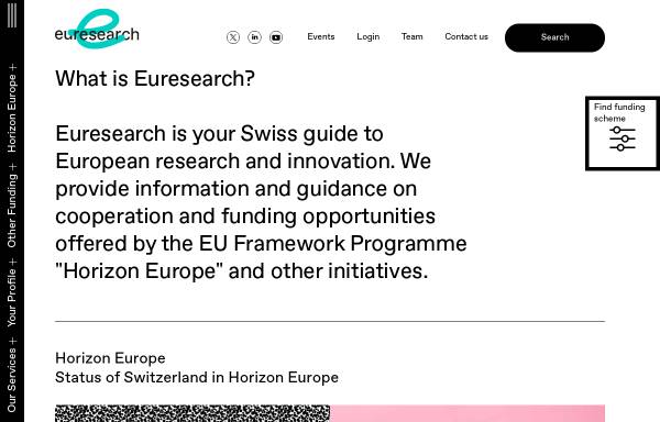 Vorschau von www.euresearch.ch, Euresearch: Informationsnetzwerk für Forschungsprogramme