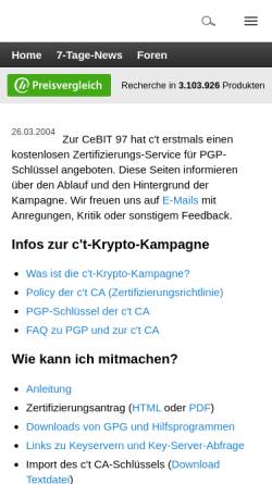 Vorschau der mobilen Webseite www.heise.de, c't - Krypto-Kampagne