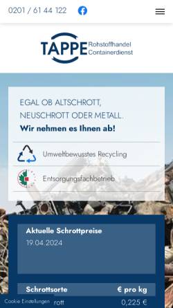 Vorschau der mobilen Webseite www.tappe-recycling.de, Tappe Rohstoffhandel und Containerdienst