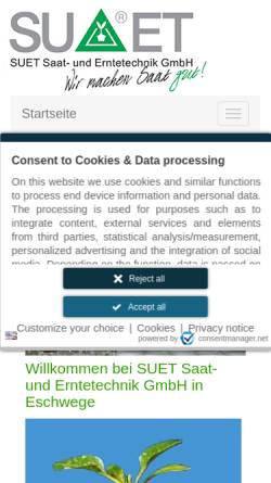 Vorschau der mobilen Webseite www.suet.de, Suet Saat- und Erntetechnik GmbH