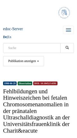 Vorschau der mobilen Webseite dochost.rz.hu-berlin.de, Fehlbildungen und Hinweiszeichen bei fetalen Chromosomenanomalien in der pränatalen Ultraschalldiagnostik an der Universitätsfrauenklinik der Charité