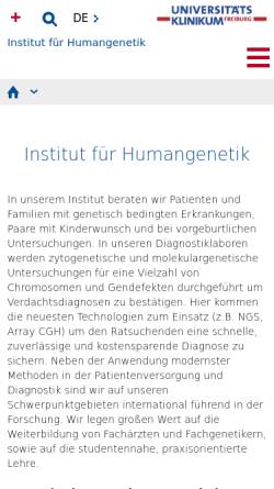 Vorschau der mobilen Webseite humangenetik.uniklinik-freiburg.de, Institut für Humangenetik und Anthropologie