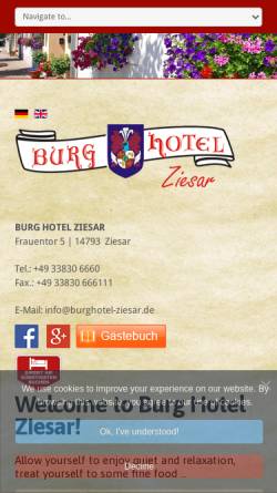 Vorschau der mobilen Webseite www.burghotel-ziesar.de, Burg Hotel Ziesar
