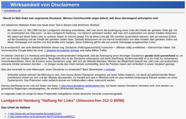Vorschau von schneegans.de, Wirksamkeit von Disclaimern für Webseiten