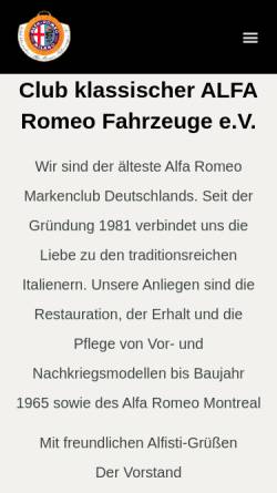 Vorschau der mobilen Webseite www.club-klassischer-alfa.de, Club klassischer Alfa Romeo Fahrzeuge e.V.