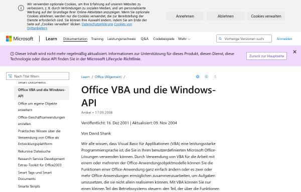 Vorschau von msdn.microsoft.com, Office VBA und die Windows API