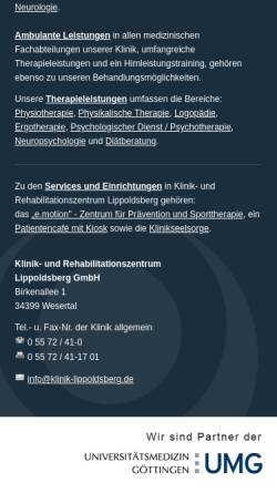 Vorschau der mobilen Webseite www.klinik-lippoldsberg.de, Klinik und Rehabilitationszentrum Lippoldsberg gGmbH