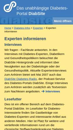 Vorschau der mobilen Webseite www.diabsite.de, Experten informieren