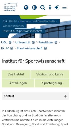 Vorschau der mobilen Webseite www.uni-oldenburg.de, Institut für Sportwissenschaft der Universität Oldenburg