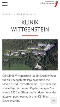 Vorschau der mobilen Webseite www.klinik-wittgenstein.de, Evangelisches Johanneswerk e.V., Klinik Wittgenstein
