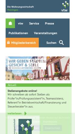 Vorschau der mobilen Webseite www.vtw.de, Verband Thüringer Wohnungswirtschaft e.V.