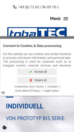 Vorschau der mobilen Webseite www.tobatec.net, TobaTEC GmbH