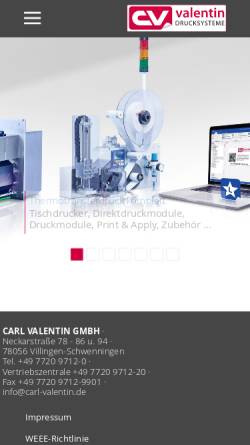 Vorschau der mobilen Webseite www.carl-valentin.de, Carl Valentin GmbH