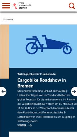 Vorschau der mobilen Webseite www.bauumwelt.bremen.de, Der Senator für Bau, Umwelt und Verkehr