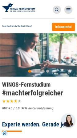 Vorschau der mobilen Webseite www.wings.hs-wismar.de, Fernstudium - und Weiterbildungszentrum Wismar (WINGS GmbH)