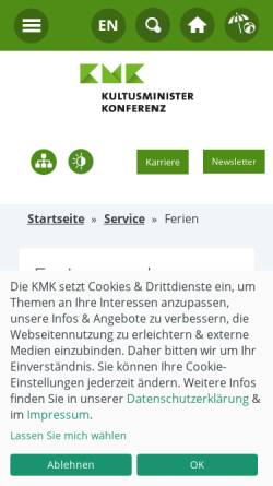 Vorschau der mobilen Webseite www.kmk.org, Deutschland: Ferienkalender und Feiertagsübersicht