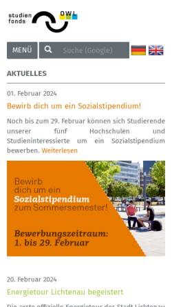 Vorschau der mobilen Webseite www.studienfonds-owl.de, Stiftung Studienfonds OWL